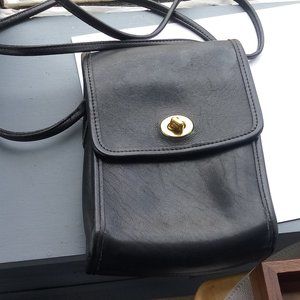 Coach Black Leather Crossbody with Gold Turnlock Accent